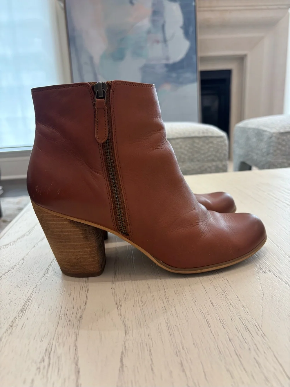 BP Nordstrom Cognac Leather Ankle Boots Block Heel Women’s 9